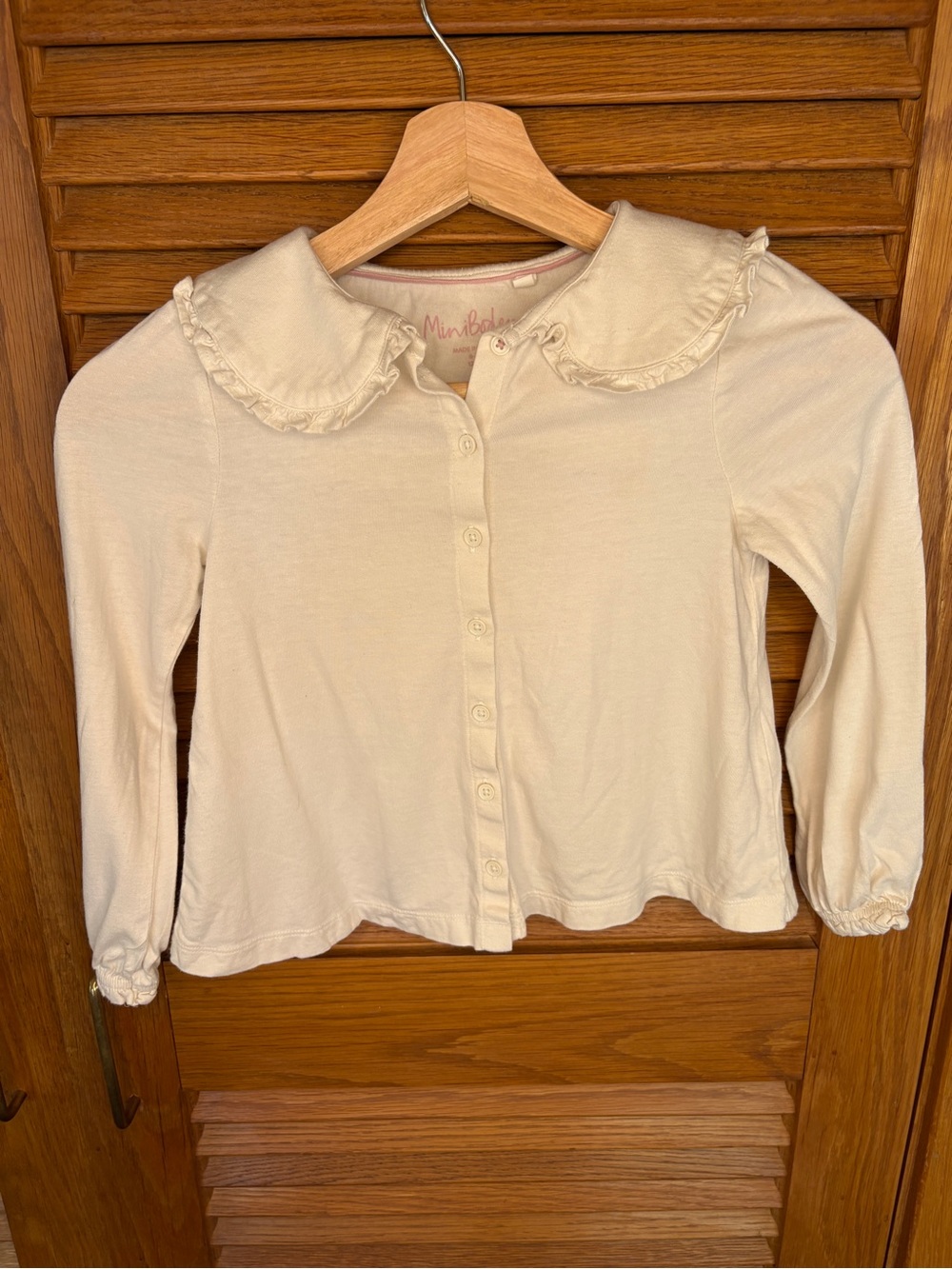 Mini Boden Cream Ruffle Collar Button up Front